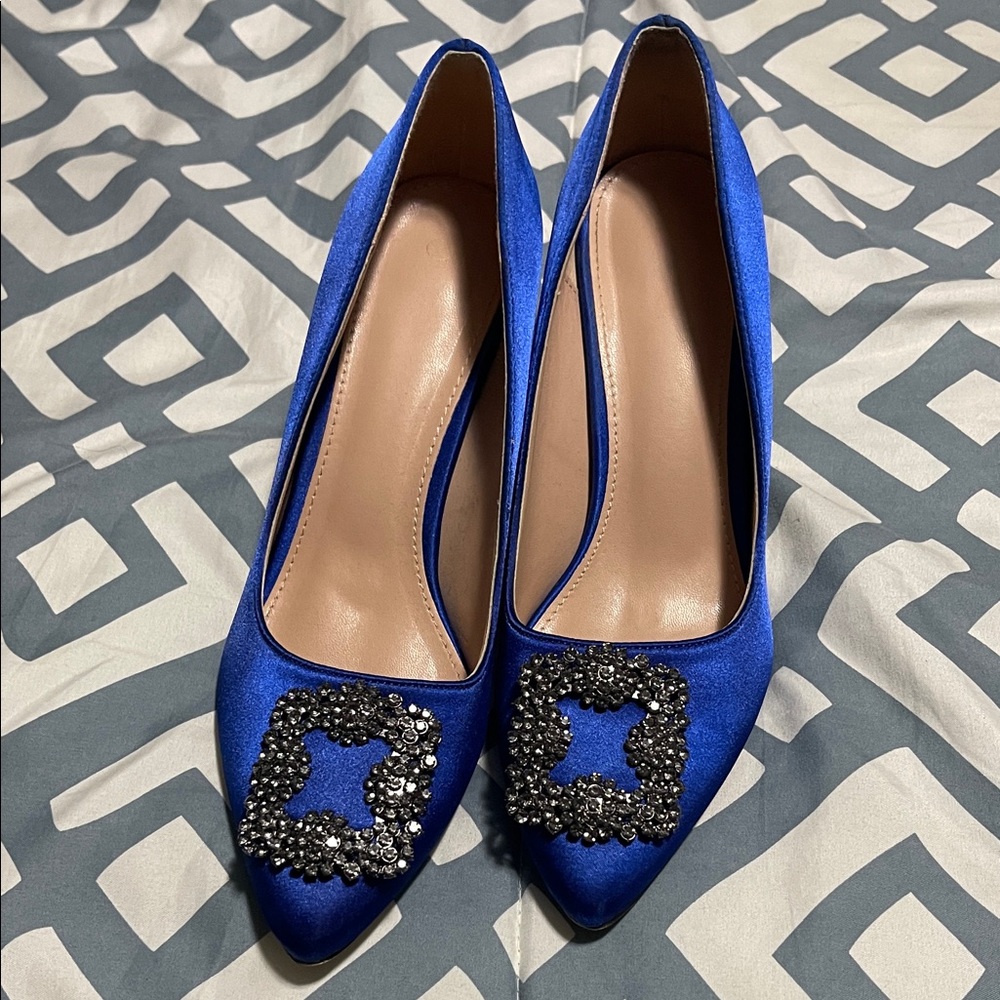 Elegant Blue Women's Heels with Embellished Buckle